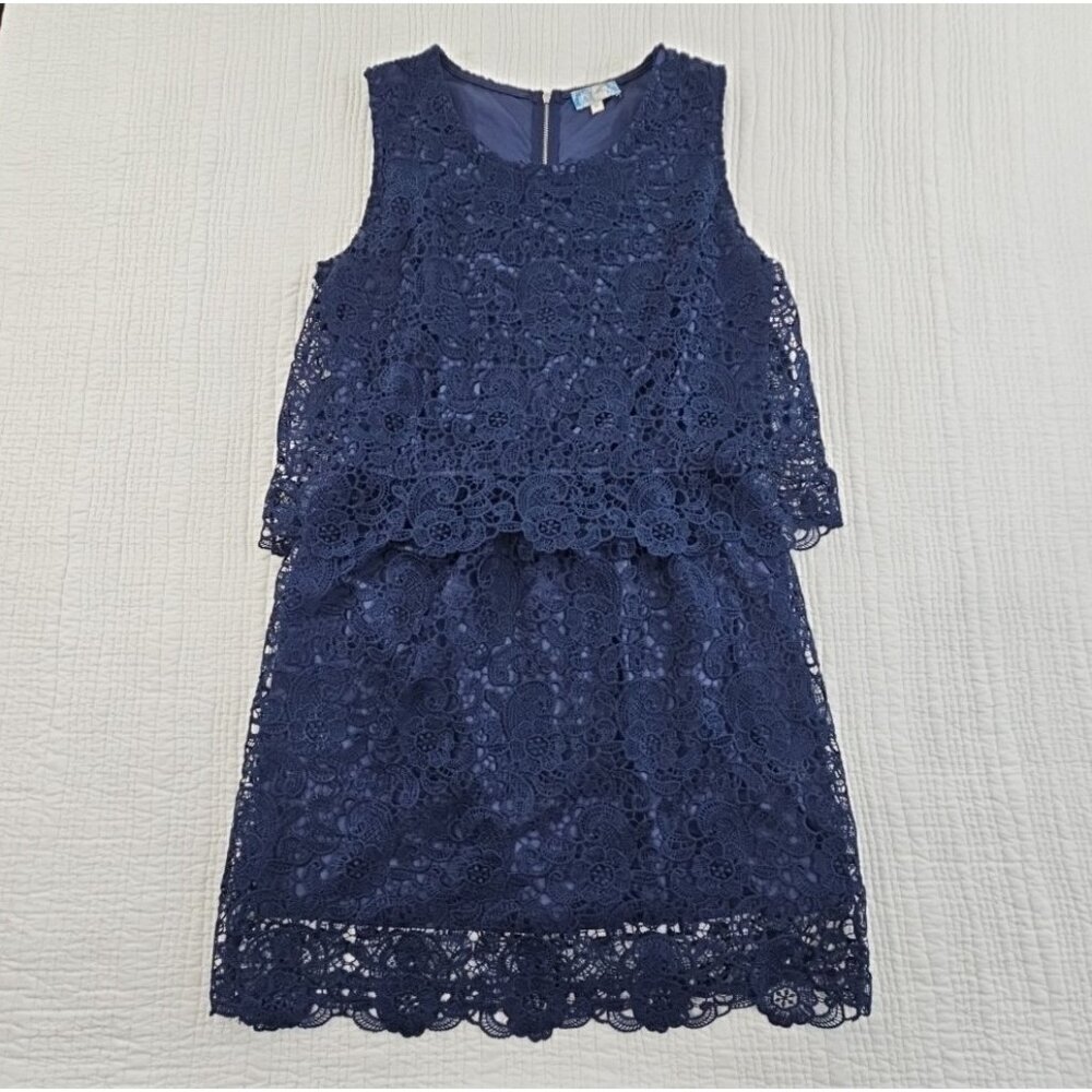 J Gee Tiered Eyelet Lace Dress Women’s XL Navy Blue Sleeveless‎ Lined EUC VTG